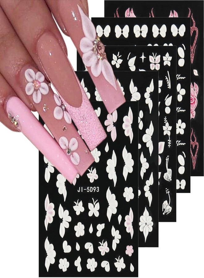 Fcozpjk 5D Embossed White Flowers Nail Stickers, 5 Sheets Self-Adhesive Floral Nail Decals, Spring Rose Butterfly Nail Art, 3D Acrylic Flowers for Manicure Decor - Image 1
